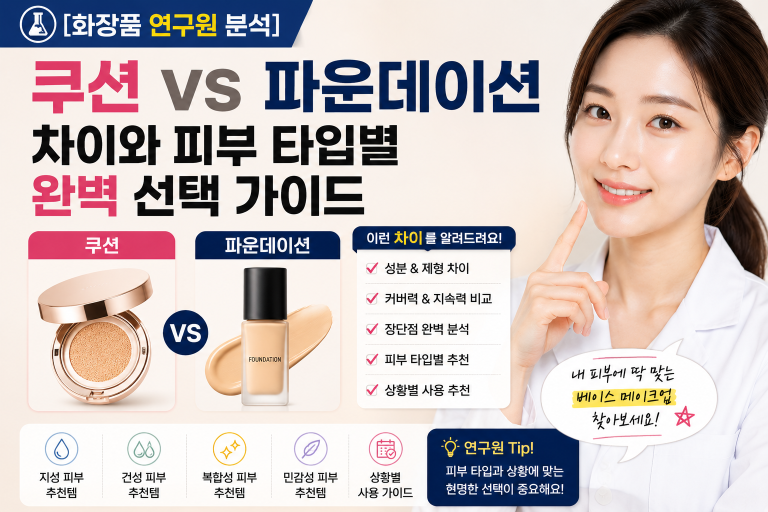 [화장품 연구원 분석] 쿠션 vs 파운데이션 차이와 피부 타입별 완벽 선택 가이드