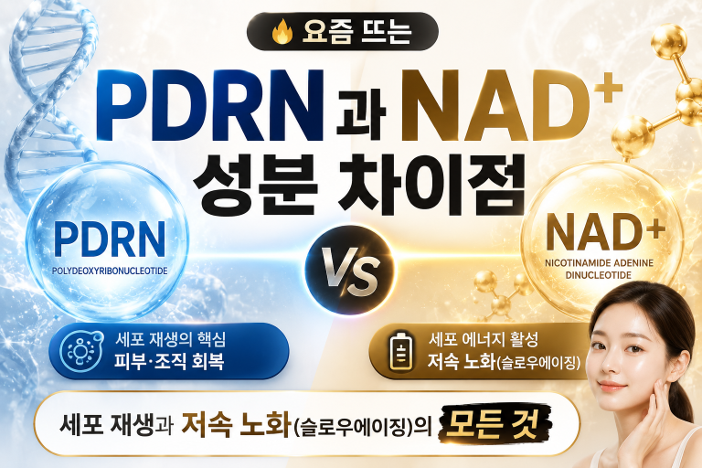 요즘 뜨는 PDRN과 NAD+ 성분 차이점: 세포 재생과 저속 노화(슬로우에이징)의 모든 것