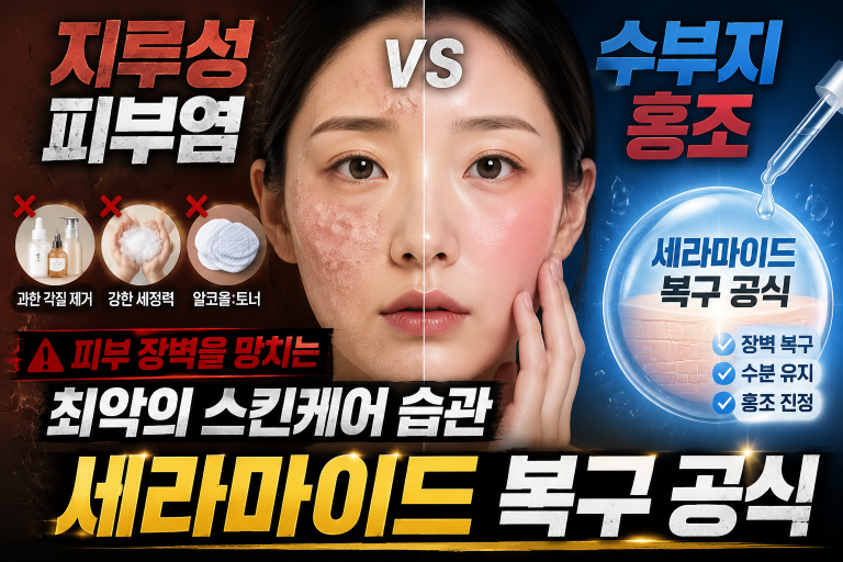 지루성 피부염 vs 수부지 홍조: 피부 장벽을 망치는 최악의 스킨케어 습관과 세라마이드 복구 공식