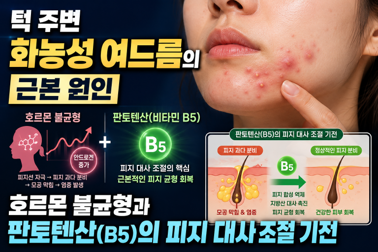 턱 주변 화농성 여드름의 근본 원인: 호르몬 불균형과 판토텐산(비타민 B5)의 피지 대사 조절 기전