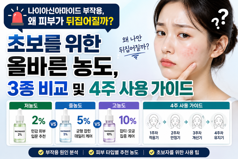 나이아신아마이드 부작용, 왜 피부가 뒤집어질까? 초보를 위한 올바른 농도, 3종 비교 및 4주 사용 가이드