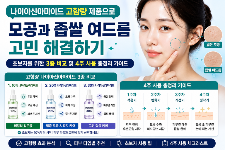 나이아신아마이드 고함량 제품으로 모공과 좁쌀 여드름 고민 해결하기: 초보자를 위한 3종 비교 및 4주 사용 총정리 가이드